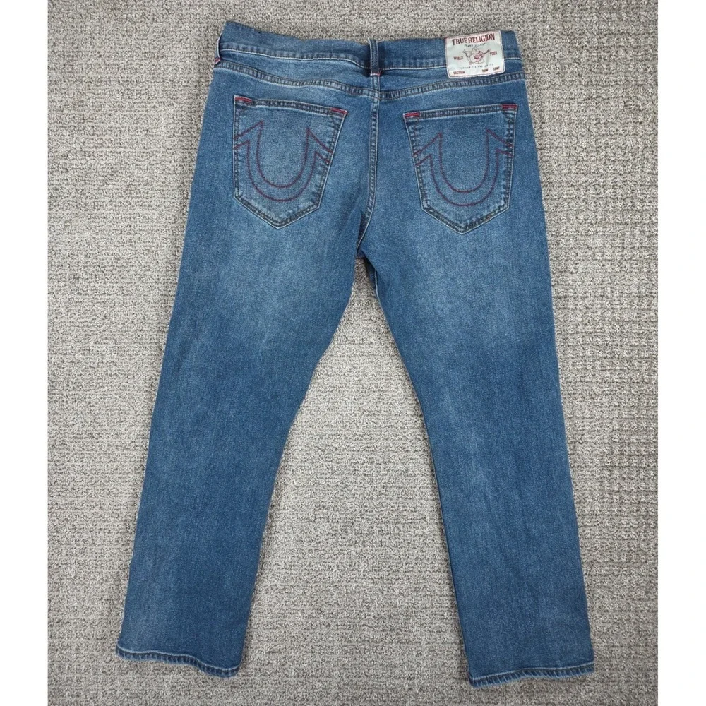 True Religion Ricky Relaxed Straight Jeans Mens 36x29 Blue Denim Red Stitching